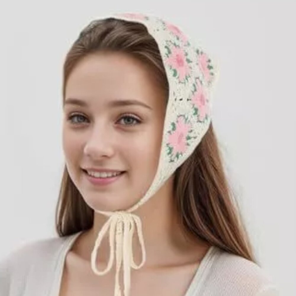 Crochet Bandana Headband Head Scarf Hair Scarf for Women Pink Floral